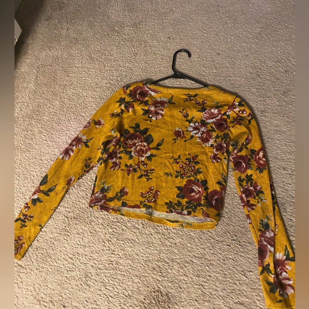 Burnt Orange Long Sleeve Crop-Top with Red Roses